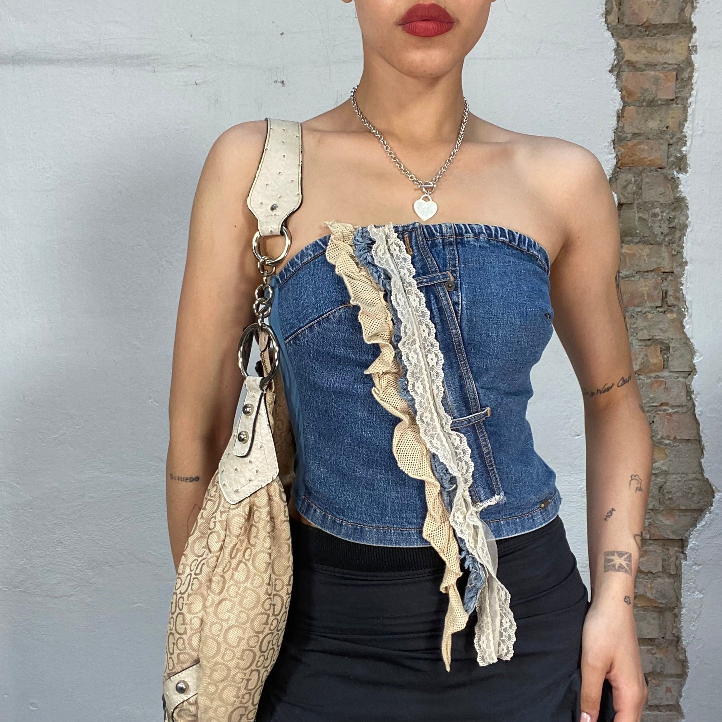 Vintage 90's Downtown Girl Denim Tube top with Lace Ruffle Details (S)