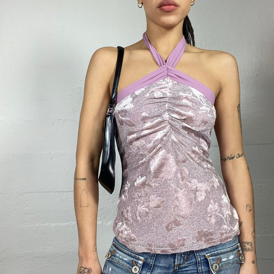 Vintage 2000's Morgan Totally Spies Pink Neckholder Top with Pink Glittery Floral Print Material (S)