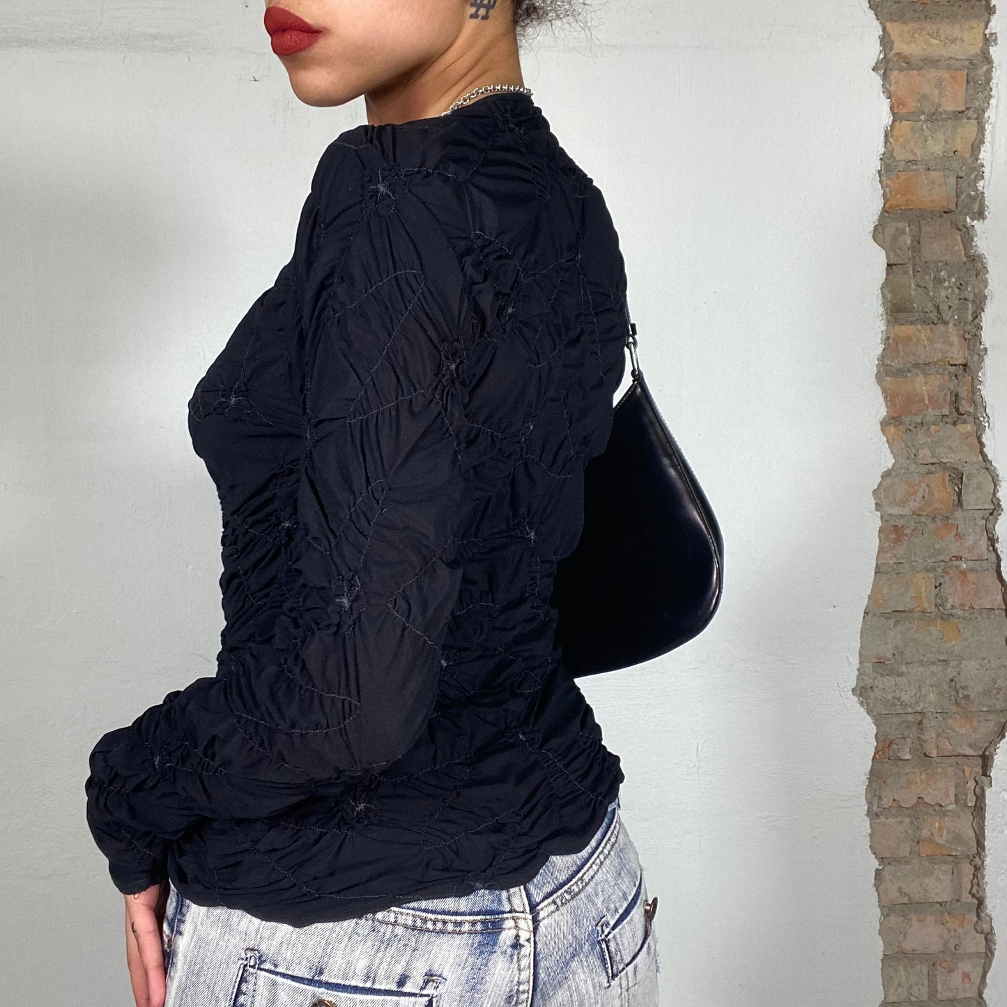 Vintage 2000's Cyber Black Scrunched Top with Floral Net Embroidery (S)