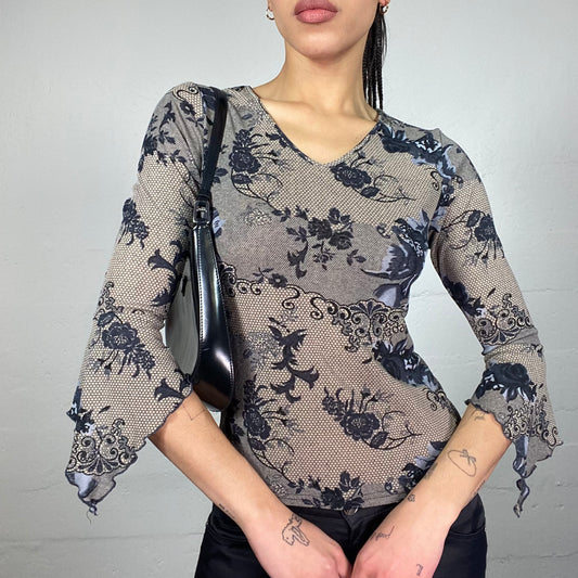 Vintage 2000's Vamp Goth Beige 3/4 Sleeve Top with Black Floral Lace Covering (S)