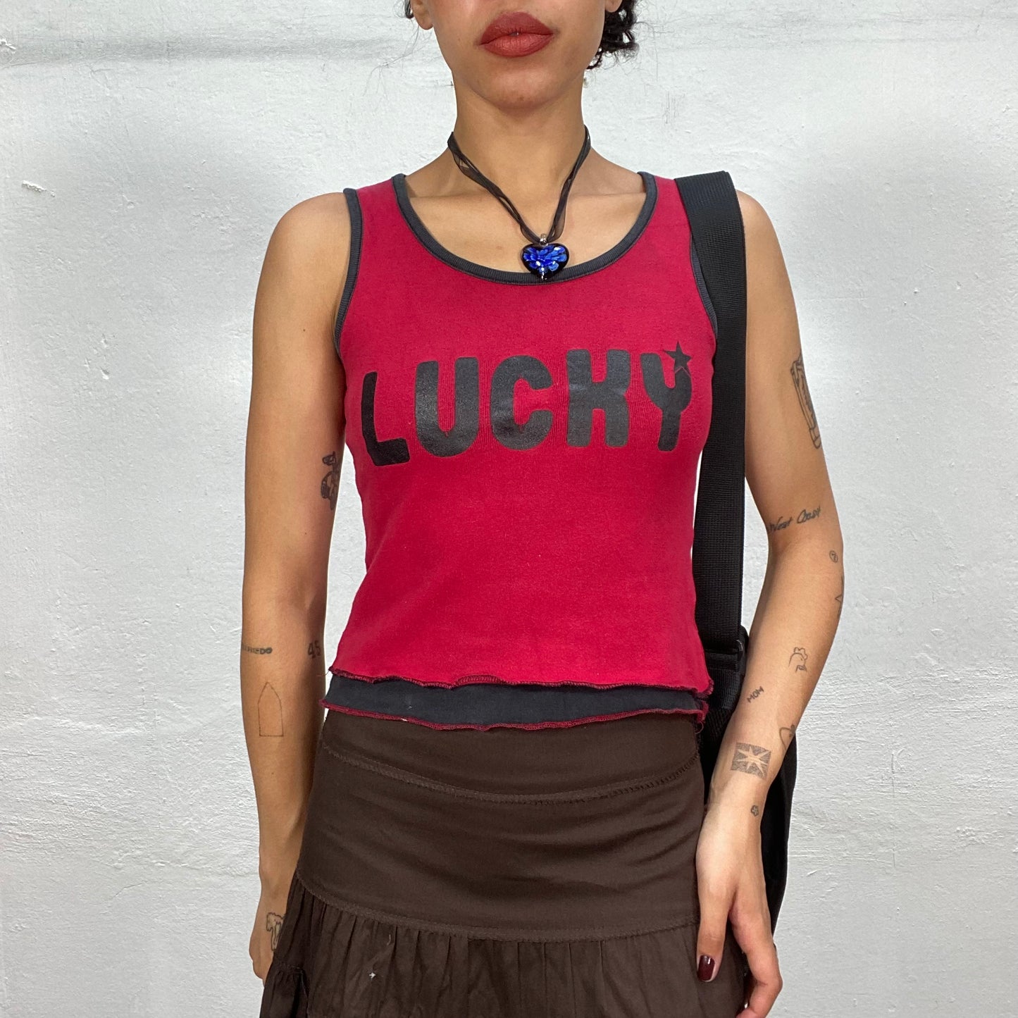 Vintage 2000's Downtown Girl Red Top with Black Contour and "Lucky" Print (S/M)