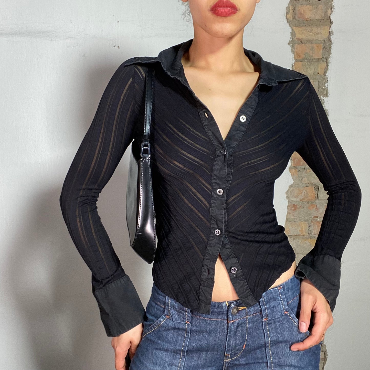 Vintage 90's Classic Black and Mesh Striped Fitted Button Up Top (S)