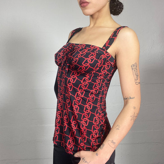 Vintage 2000's English It Girl Black Top with Red Chain Print Covering (S)