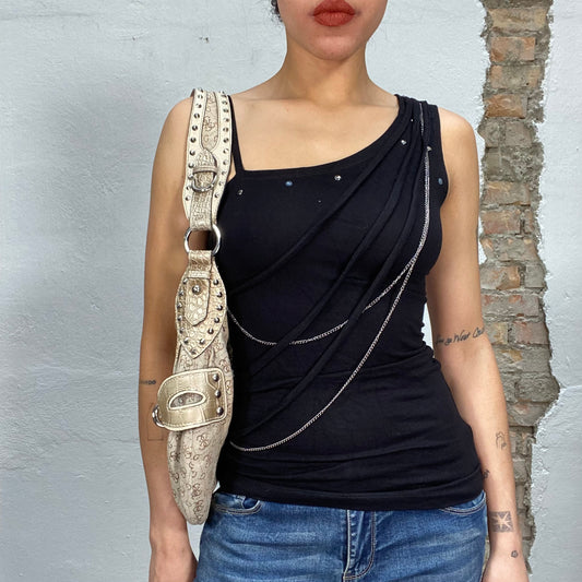 Vintage 2000's Gothic Black One Shoulder Top with Studs and Chain Details (S)