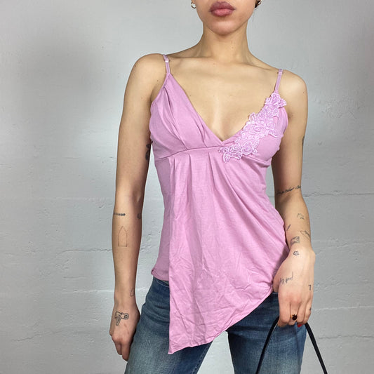 Vintage 2000's Soft Girl Pink Asymmetric Cami Top with Floral Embroidery Trim Detail (S)