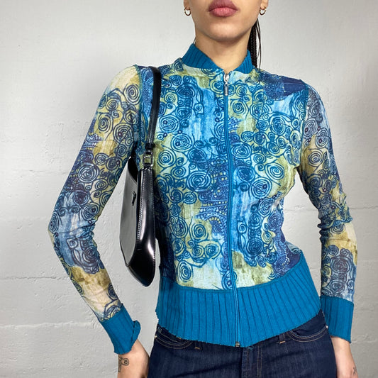 Vintage 2000's Batik Aqua Blue Zip-Up Ribbed Knit Hoodie with Circular Ethnic Print (S)