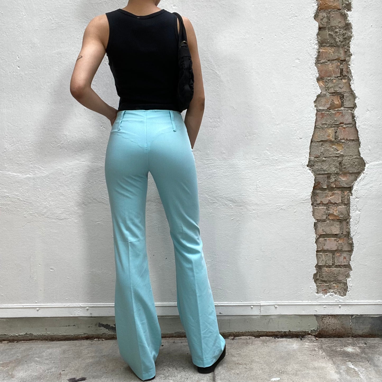 Vintage 2000's Funky Turquoise Flared Long Pants with Double Belt Detail (S)