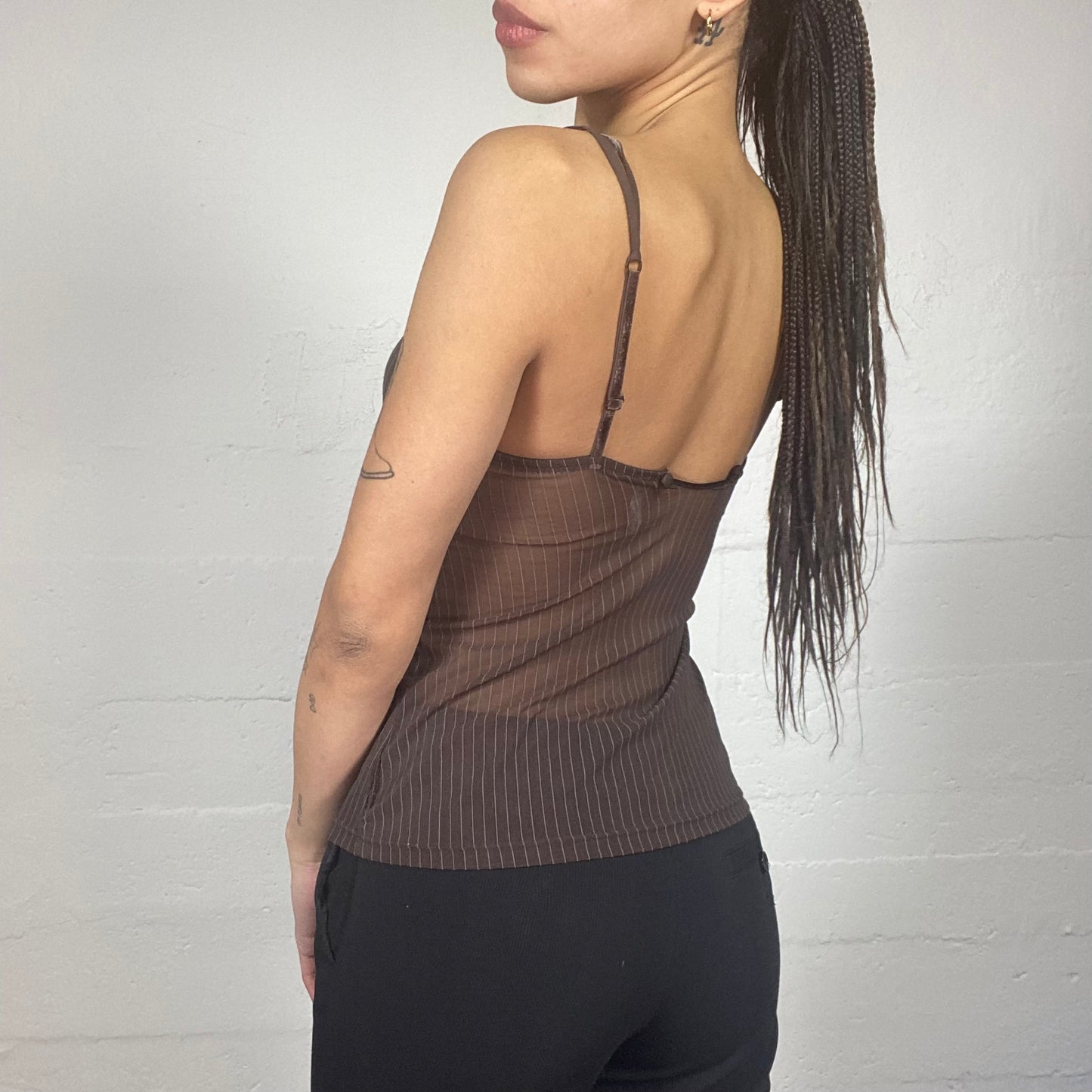 Vintage 90's Lingerie Brown Mesh Slip Top with Pinestripes Cover (S)