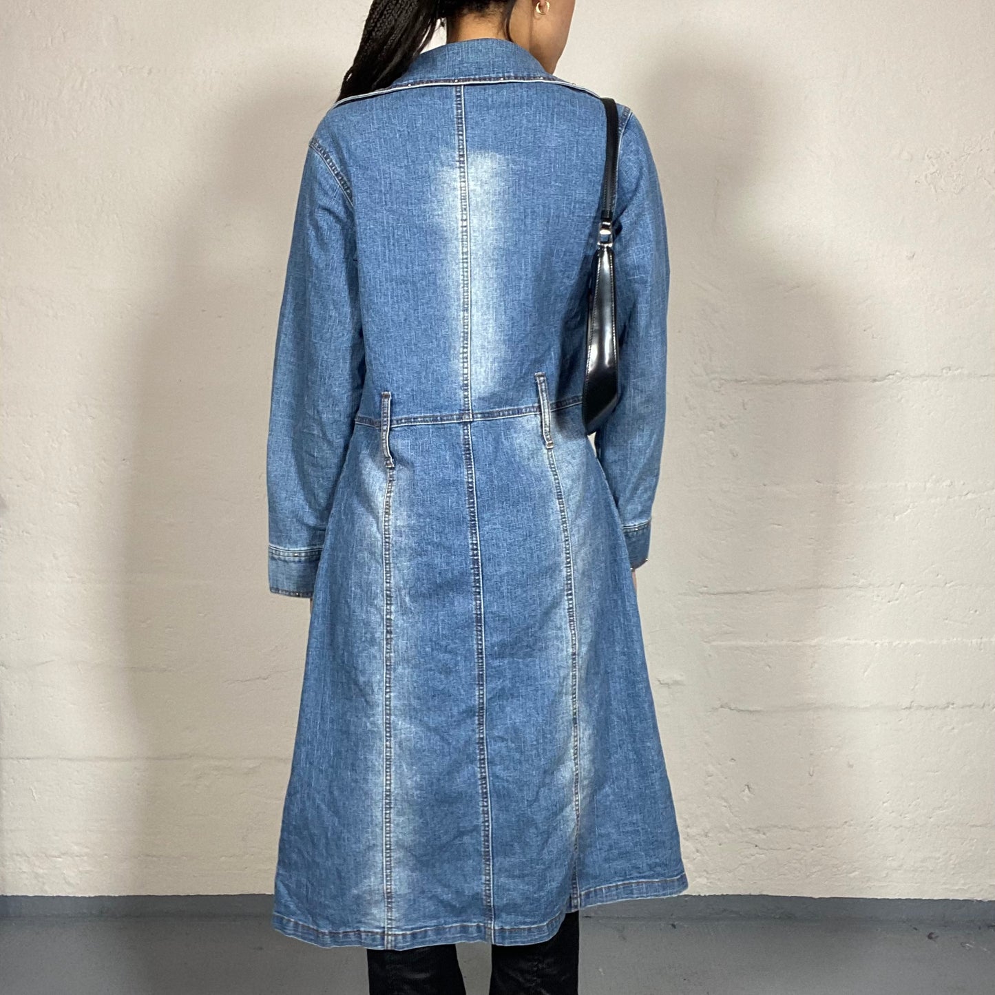 Vintage 90's English It Girl Light Denim Long Coat with Big Buttons Detail (S/M)