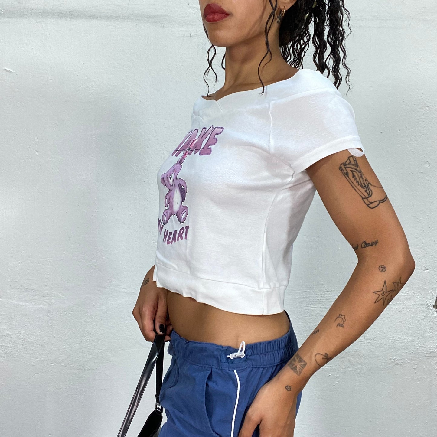 Vintage 2000's Downtown Girl White Off Shoulder Top with Pink Teddy and "Take my Heart" Print (S)