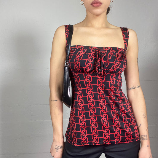 Vintage 2000's English It Girl Black Top with Red Chain Print Covering (S)