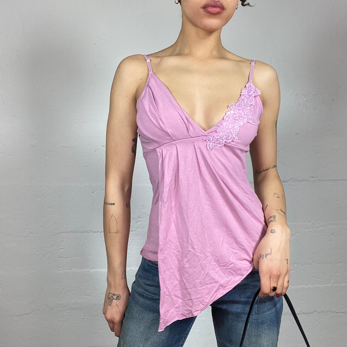 Vintage 2000's Soft Girl Pink Asymmetric Cami Top with Floral Embroidery Trim Detail (S)