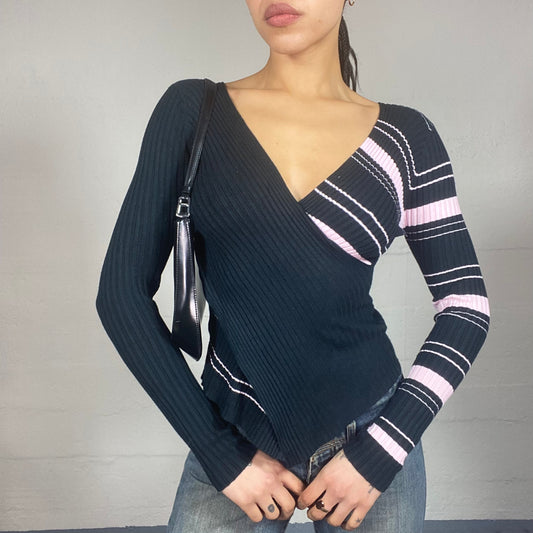 Vintage 2000's Bratz Black Wrapped Pullover with Pink Stripes Print (S)