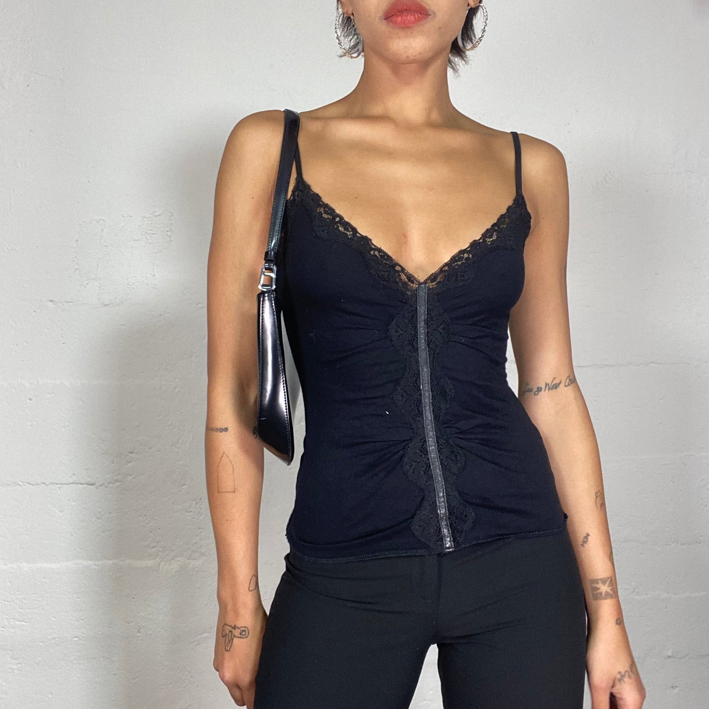 Vintage 90's Clubwear Black Corset Lace Top with Textured Trim Detail (S)