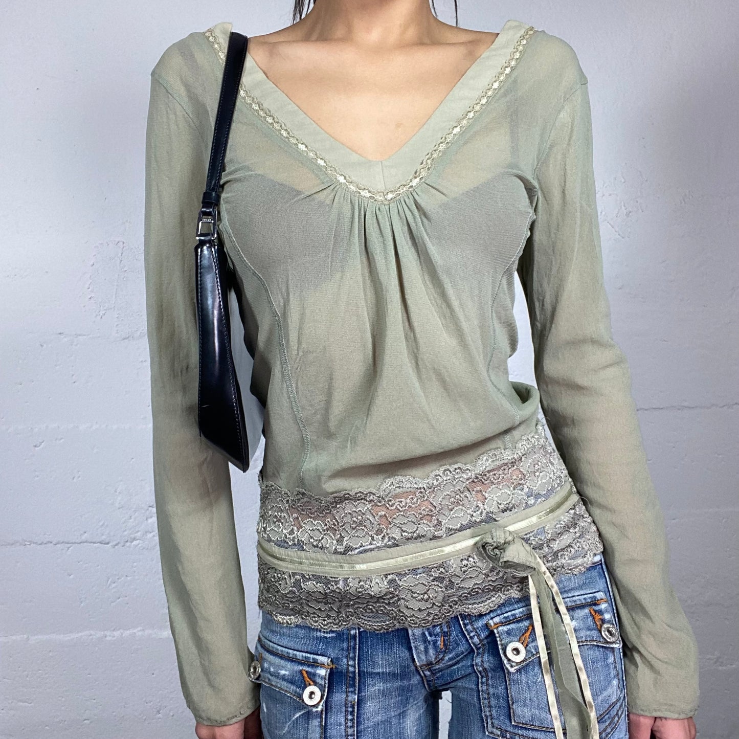 Vintage 90's Phoebe Buffay Khaki See Through Longsleeve Top with lace Bottom Detail (S)