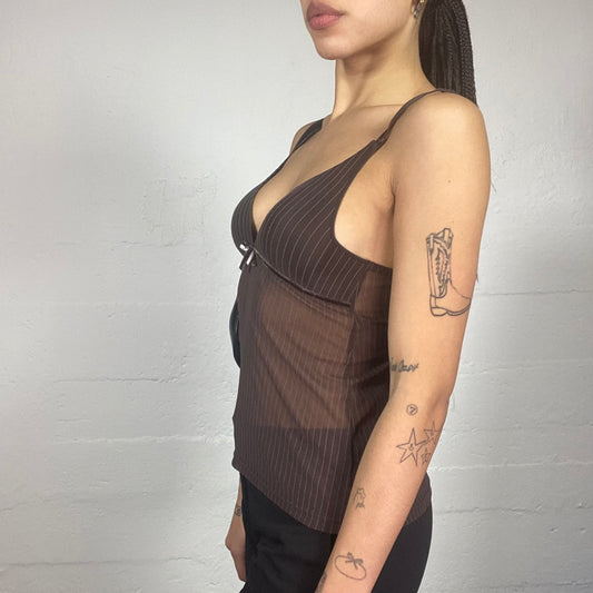 Vintage 90's Lingerie Brown Mesh Slip Top with Pinestripes Cover (S)