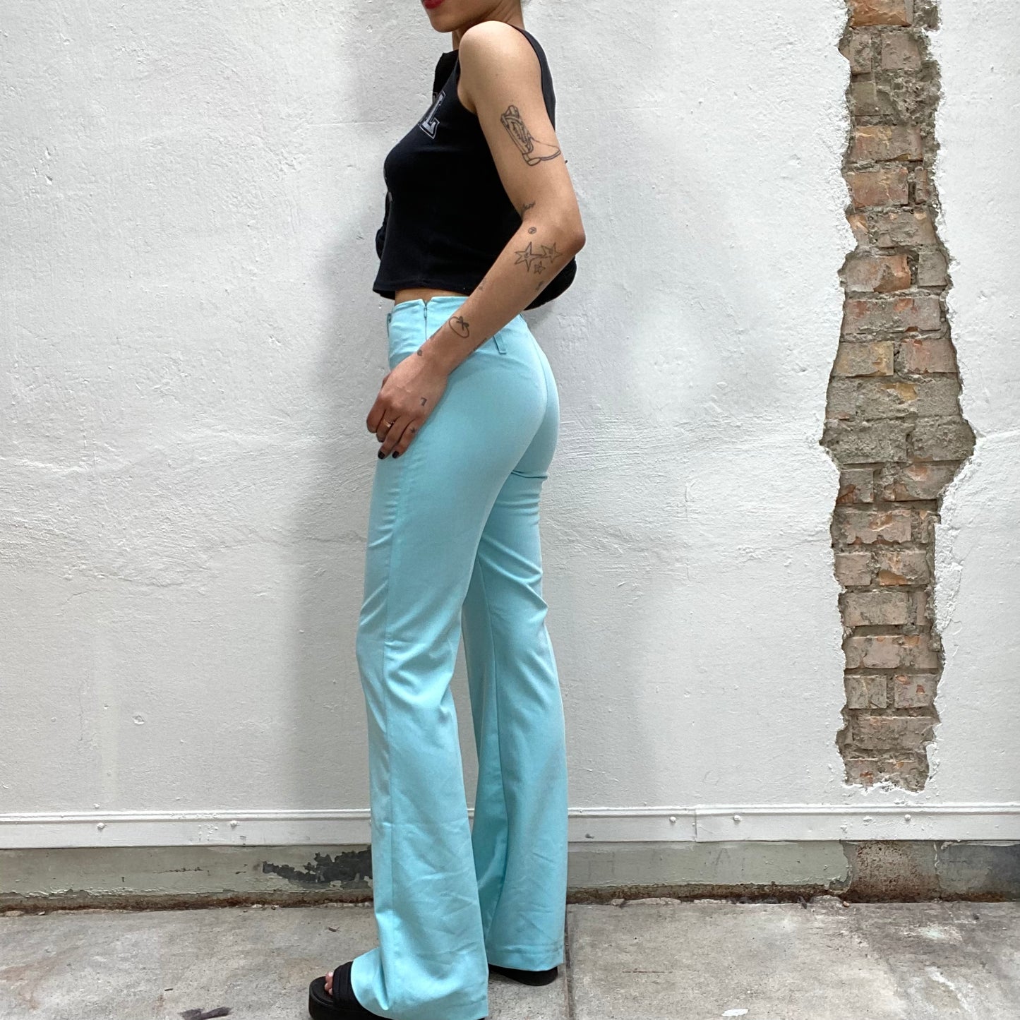 Vintage 2000's Funky Turquoise Flared Long Pants with Double Belt Detail (S)