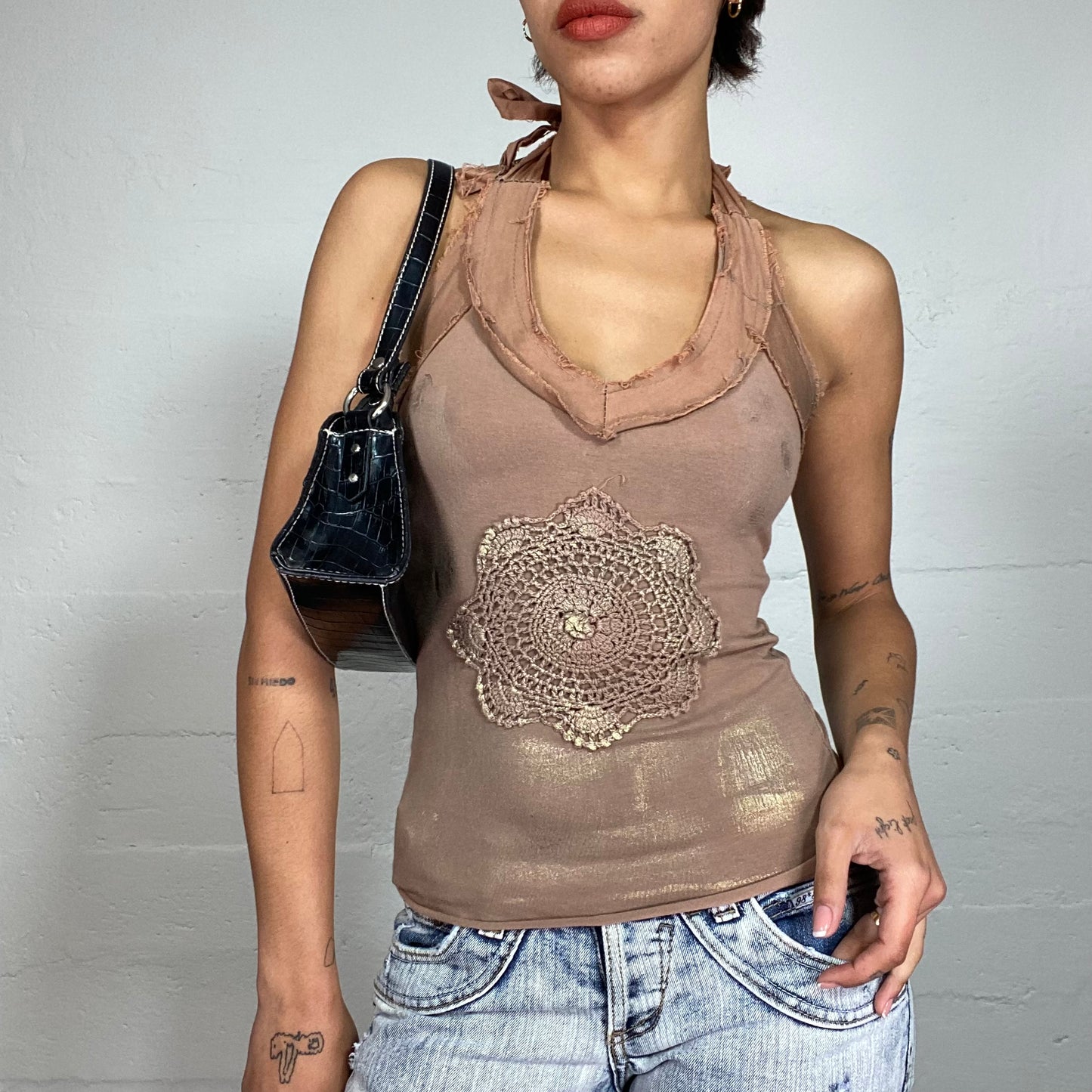 Vintage 90's Boho Brown Neckholder Top with Crochet Mandala Detail (S)