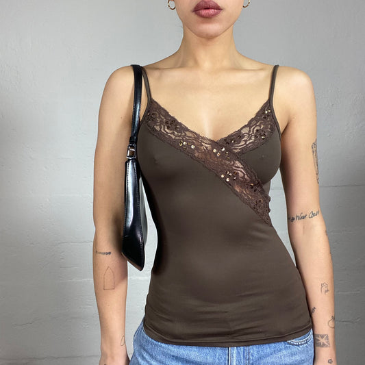 Vintage 2000's Boho Brown Top with Crossed Lace Trim Detail (S)