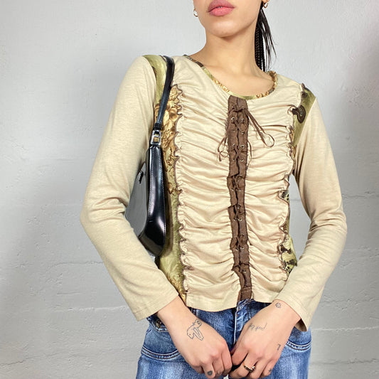 Vintage 90's Phoebe Buffay Beige and Brown Ruched Longsleeve Top with Lace Up and Roses Print Detail (M)