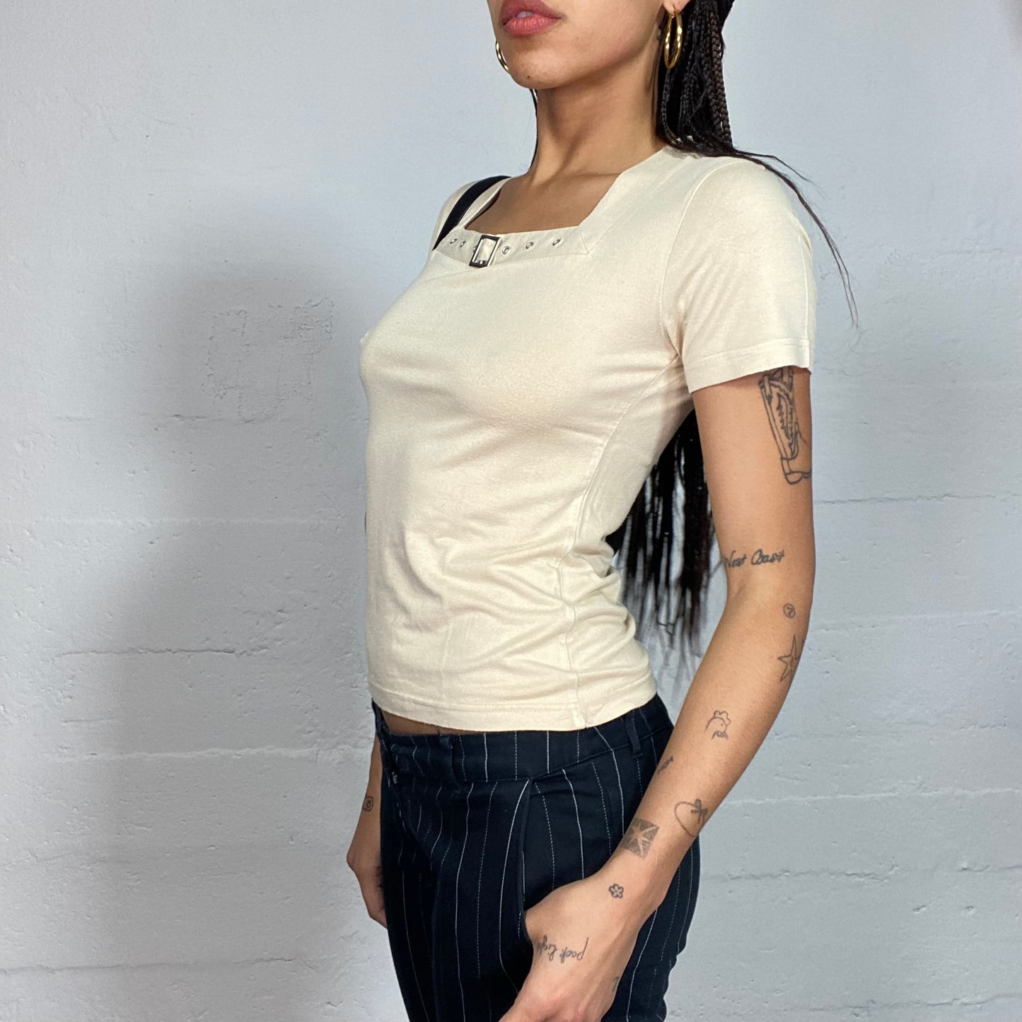 Vintage 2000's Downtown Girl Beige Top with Belted Neckline Detail (S/M)