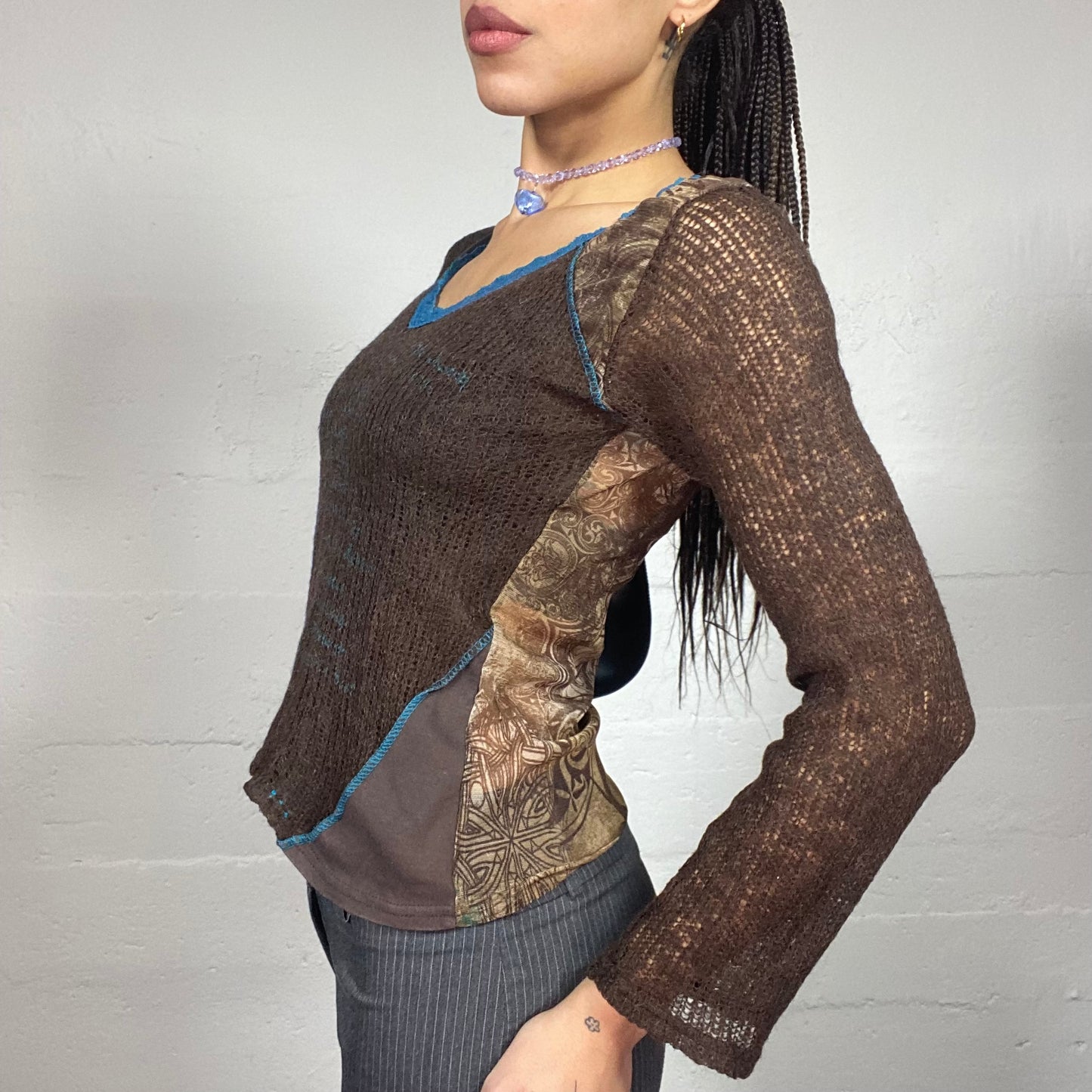 Vintage 2000's Fairy Brown Knitted Longsleeve with Printed Mesh Back Detail (S/M)