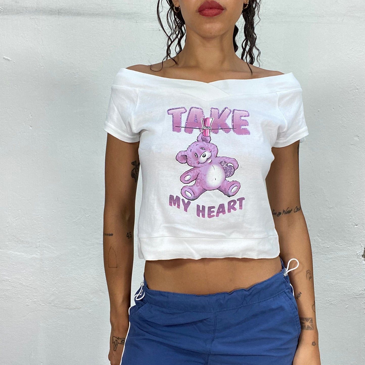 Vintage 2000's Downtown Girl White Off Shoulder Top with Pink Teddy and "Take my Heart" Print (S)