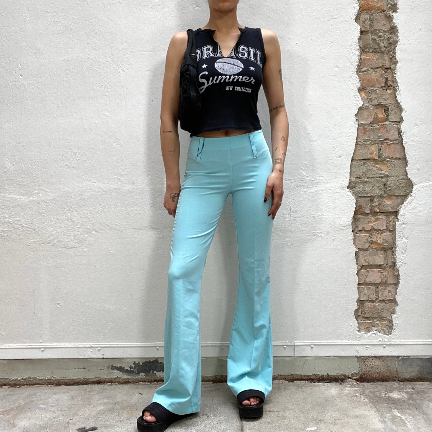 Vintage 2000's Funky Turquoise Flared Long Pants with Double Belt Detail (S)