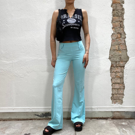 Vintage 2000's Funky Turquoise Flared Long Pants with Double Belt Detail (S)