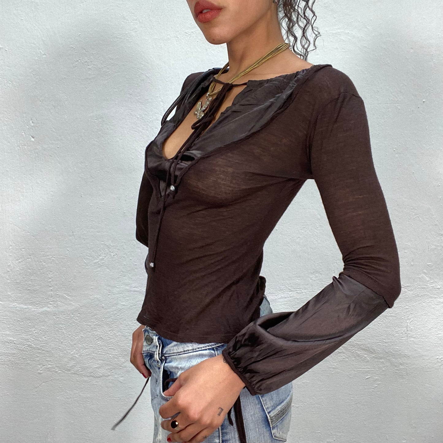 Vintage 90's Downtown Girl Brown Top with Satin Neckline and Sleeve Detail (S)