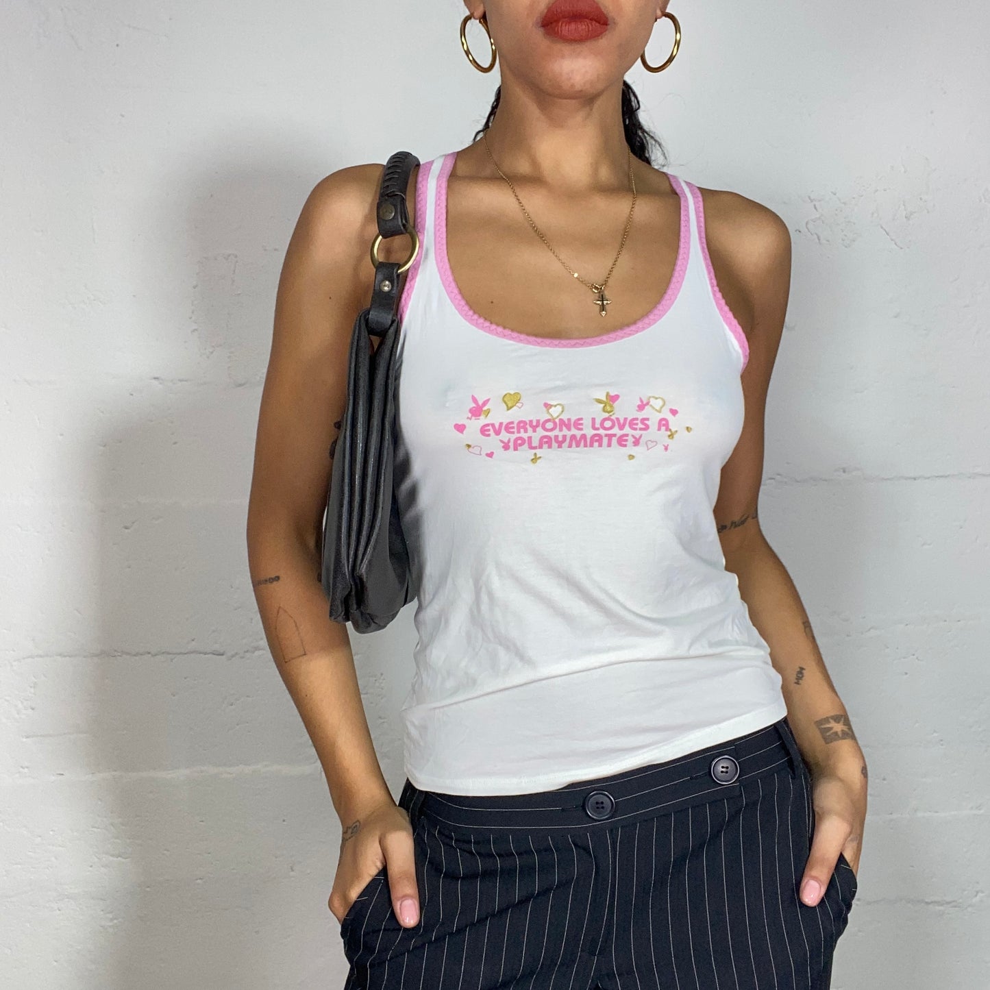 Vintage 2000's Playboy Coquette White Top with "Everyone Loves a Playmate" Pink Print (S)