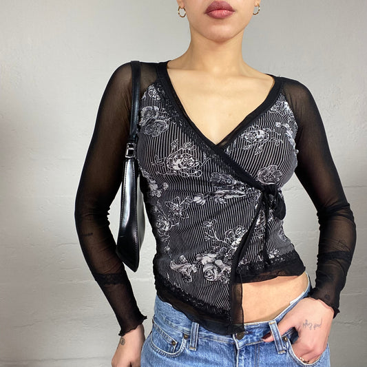 Vintage 2000's Romantic Girl Black Mesh Longsleeves Top with Floral Print (S)