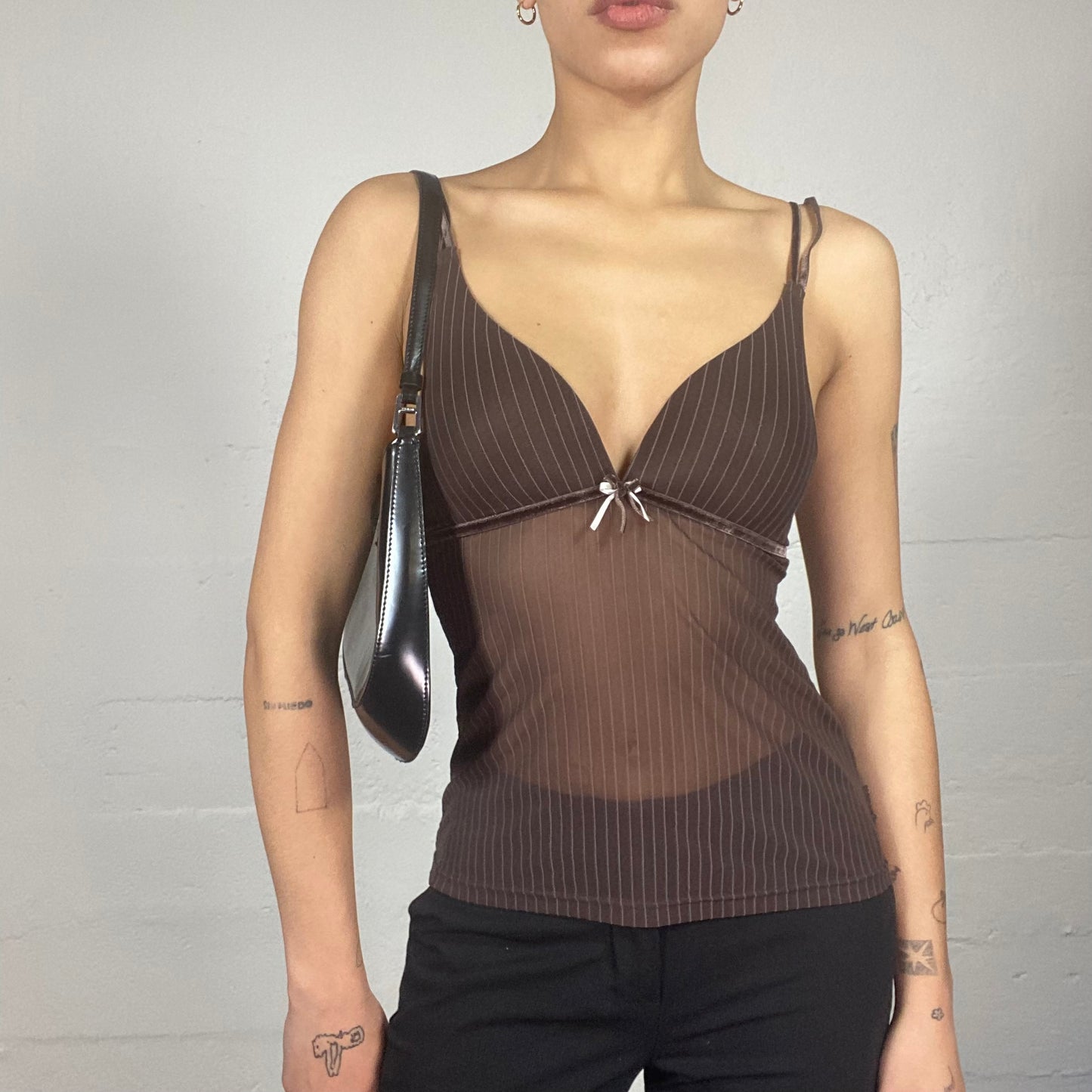 Vintage 90's Lingerie Brown Mesh Slip Top with Pinestripes Cover (S)