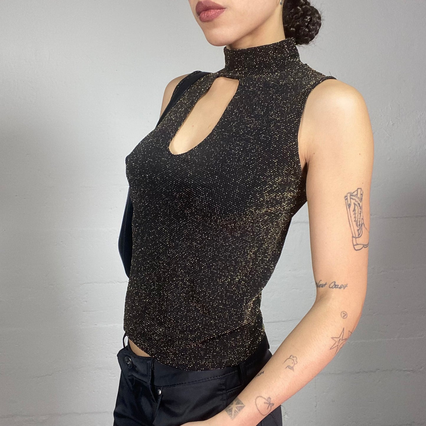 Vintage 90's Clubwear Black Highneck Top with Open Front and Gold Glitter Covering (S/M)