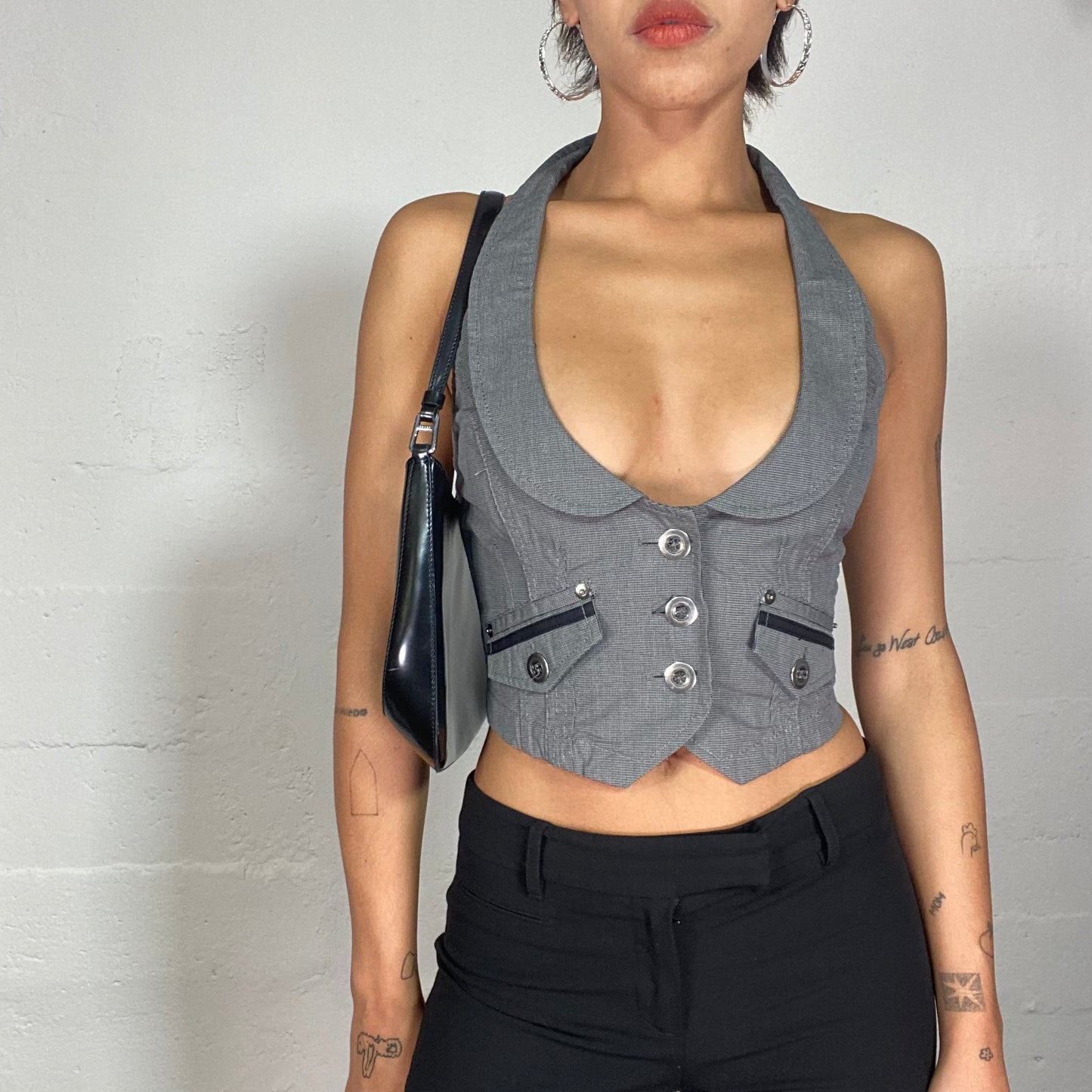 Vintage 90's Archive Grey Vest Top with Big Buttons and Pocket Detail (S)