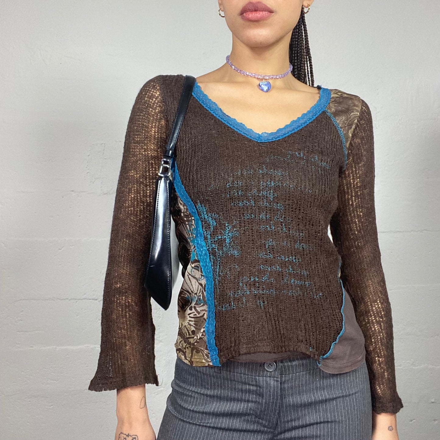 Vintage 2000's Fairy Brown Knitted Longsleeve with Printed Mesh Back Detail (S/M)
