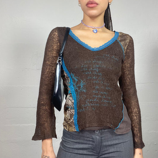 Vintage 2000's Fairy Brown Knitted Longsleeve with Printed Mesh Back Detail (S/M)