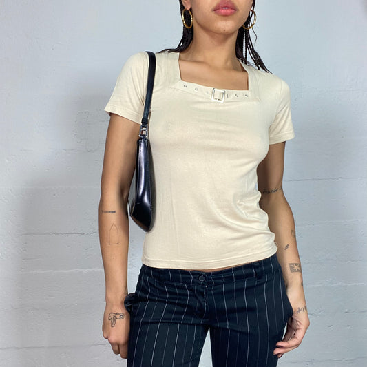 Vintage 2000's Downtown Girl Beige Top with Belted Neckline Detail (S/M)