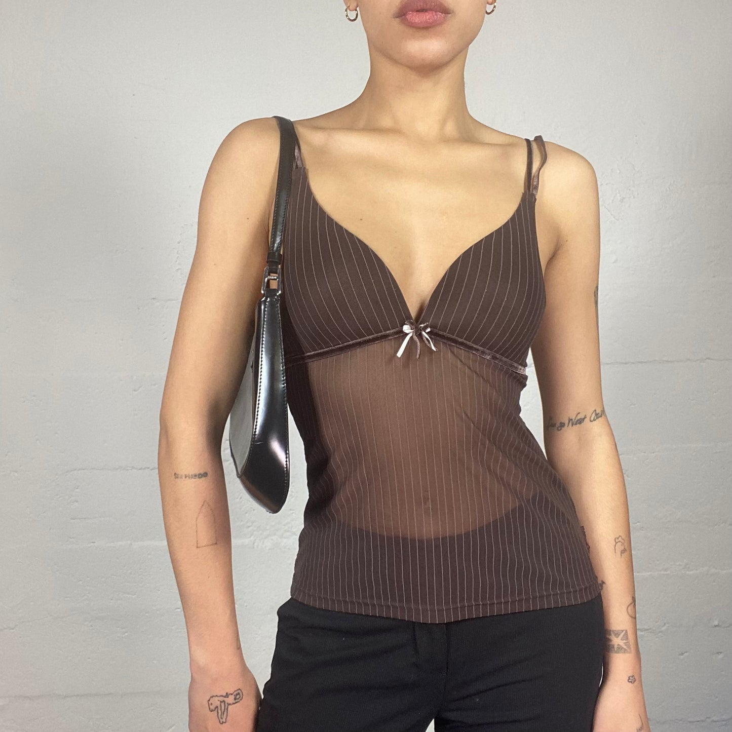 Vintage 90's Lingerie Brown Mesh Slip Top with Pinestripes Cover (S)