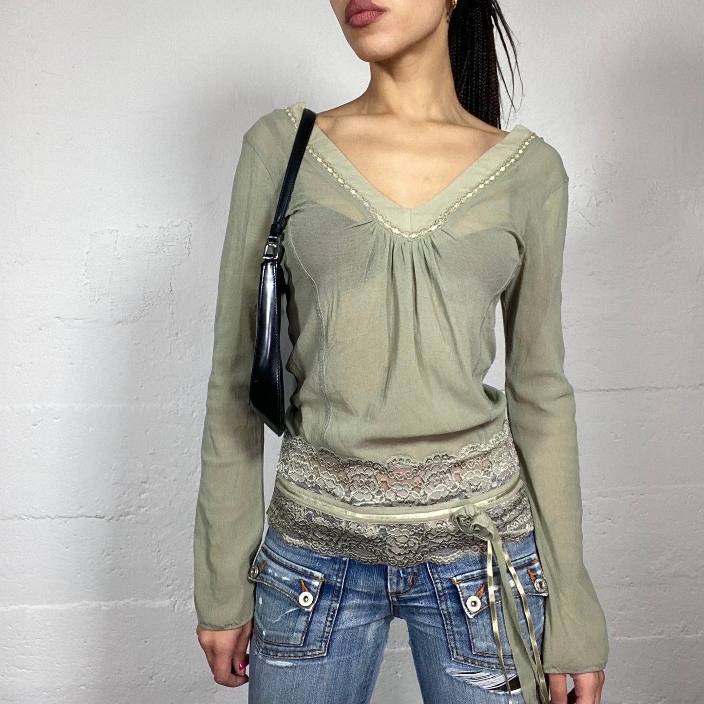 Vintage 90's Phoebe Buffay Khaki See Through Longsleeve Top with lace Bottom Detail (S)