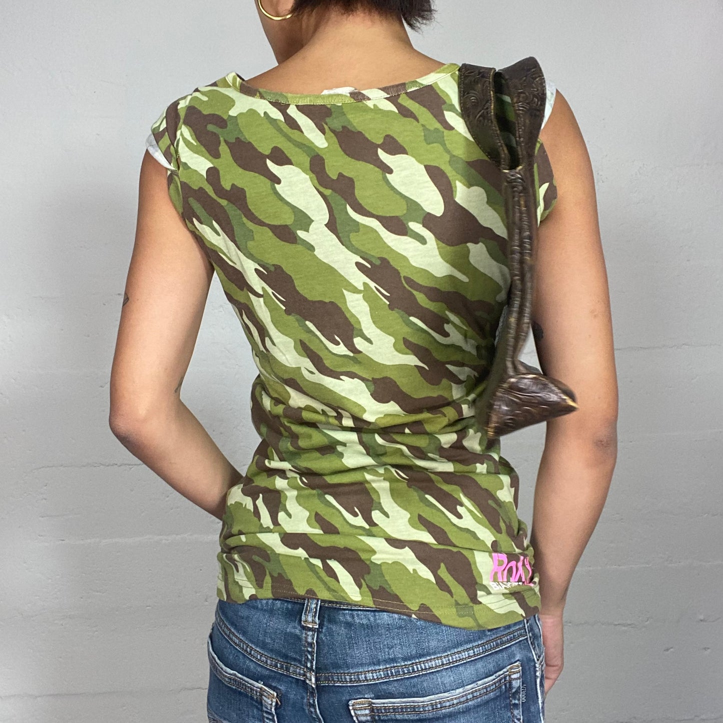 Vintage 2000's Roxy Sleaze Green Top with Camo Print (S)