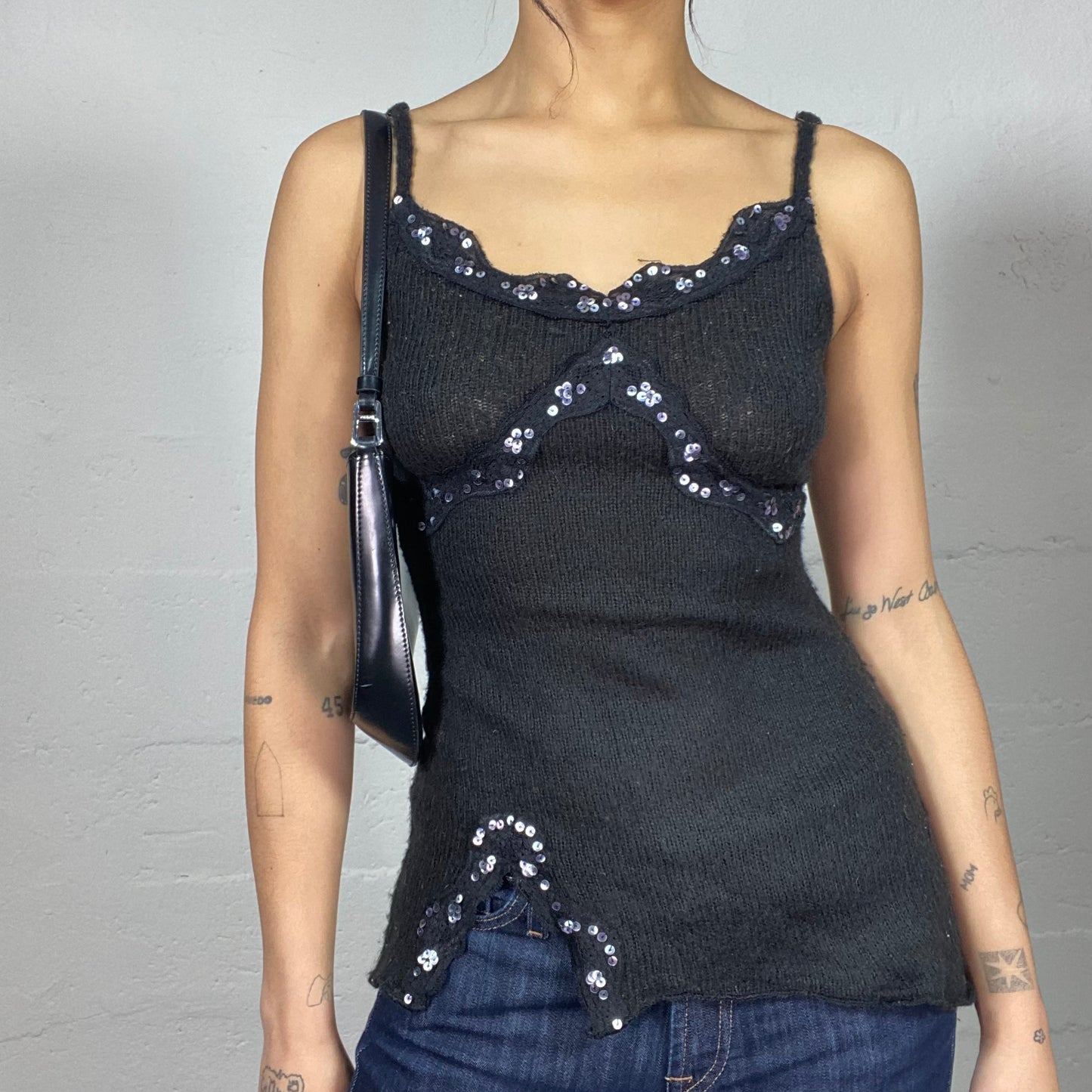 Vintage 2000's Festive Black Knitted Top with Sequins Trim and Slit Detail (S/M)