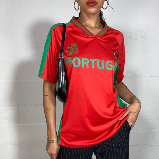 Vintage 2000's Sporty Red Soccer Top with Portugal Green Print (M/L)