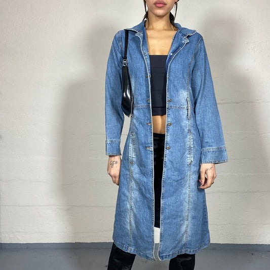 Vintage 90's English It Girl Light Denim Long Coat with Big Buttons Detail (S/M)