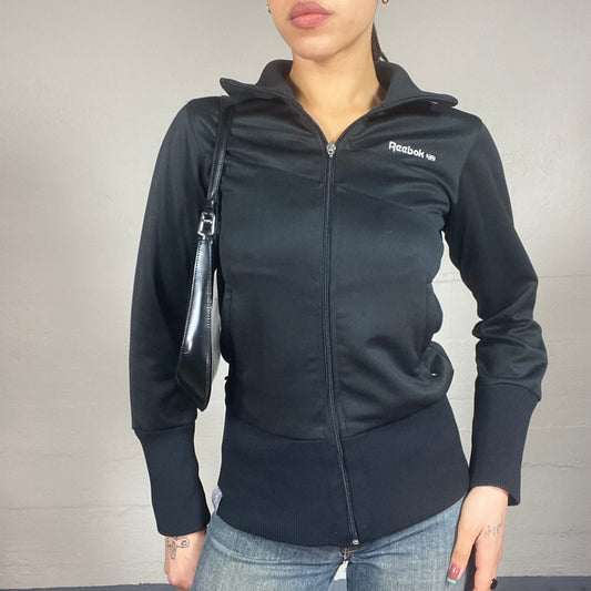 Vintage 2000's Reebok Classic Black Zip Up Sweater with Brand Back Silver Print (S)