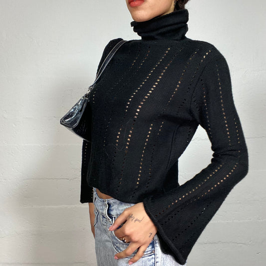 Vintage 90's Whimsigoth Black Turtleneck Sweater with Decorative Holes Detail (M)