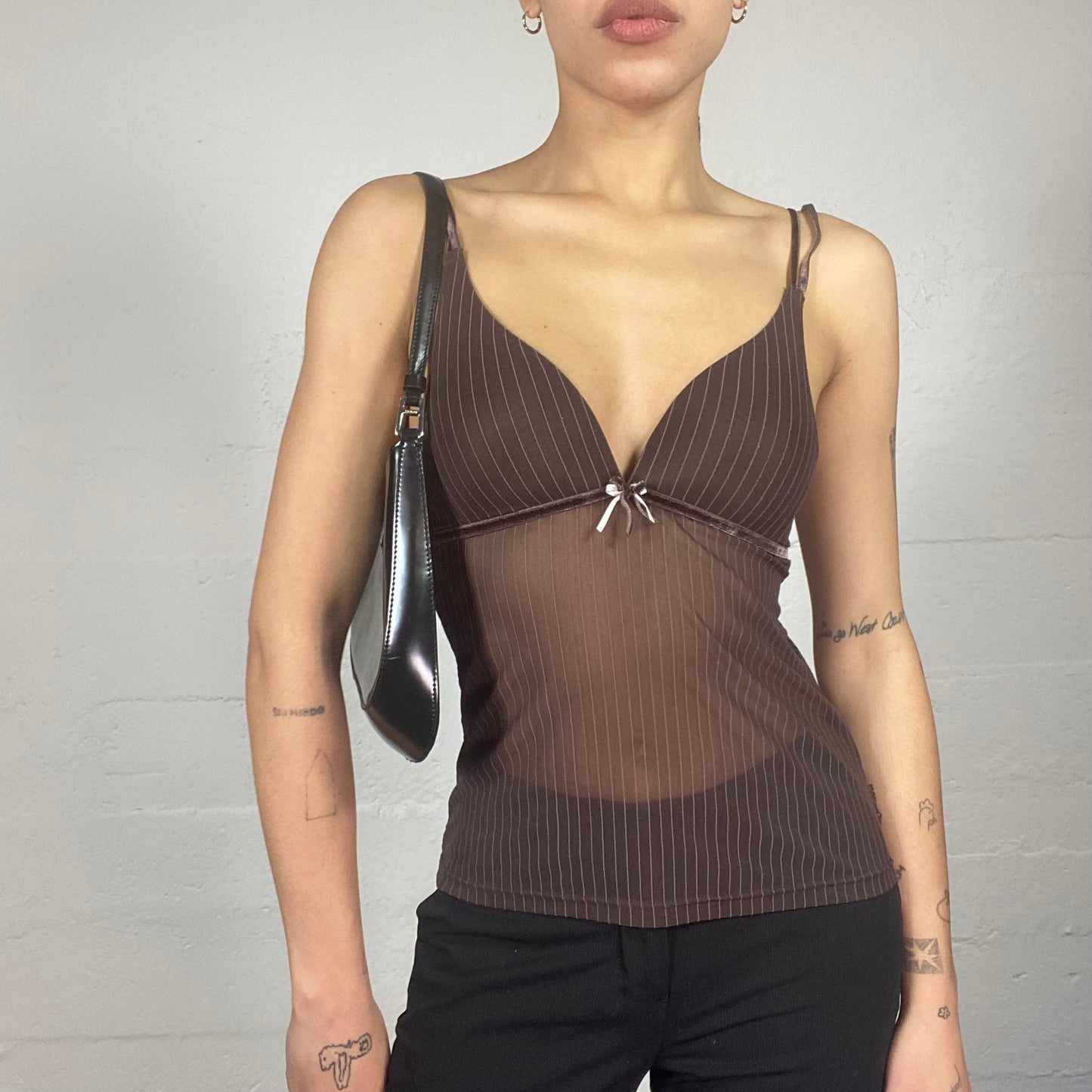 Vintage 90's Lingerie Brown Mesh Slip Top with Pinestripes Cover (S)