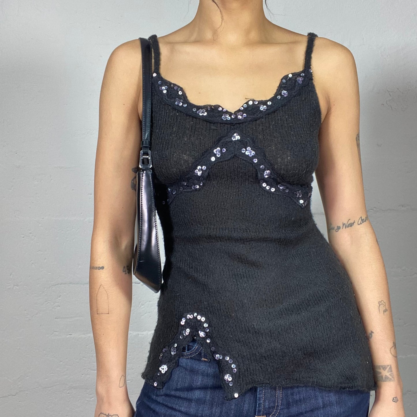 Vintage 2000's Festive Black Knitted Top with Sequins Trim and Slit Detail (S/M)