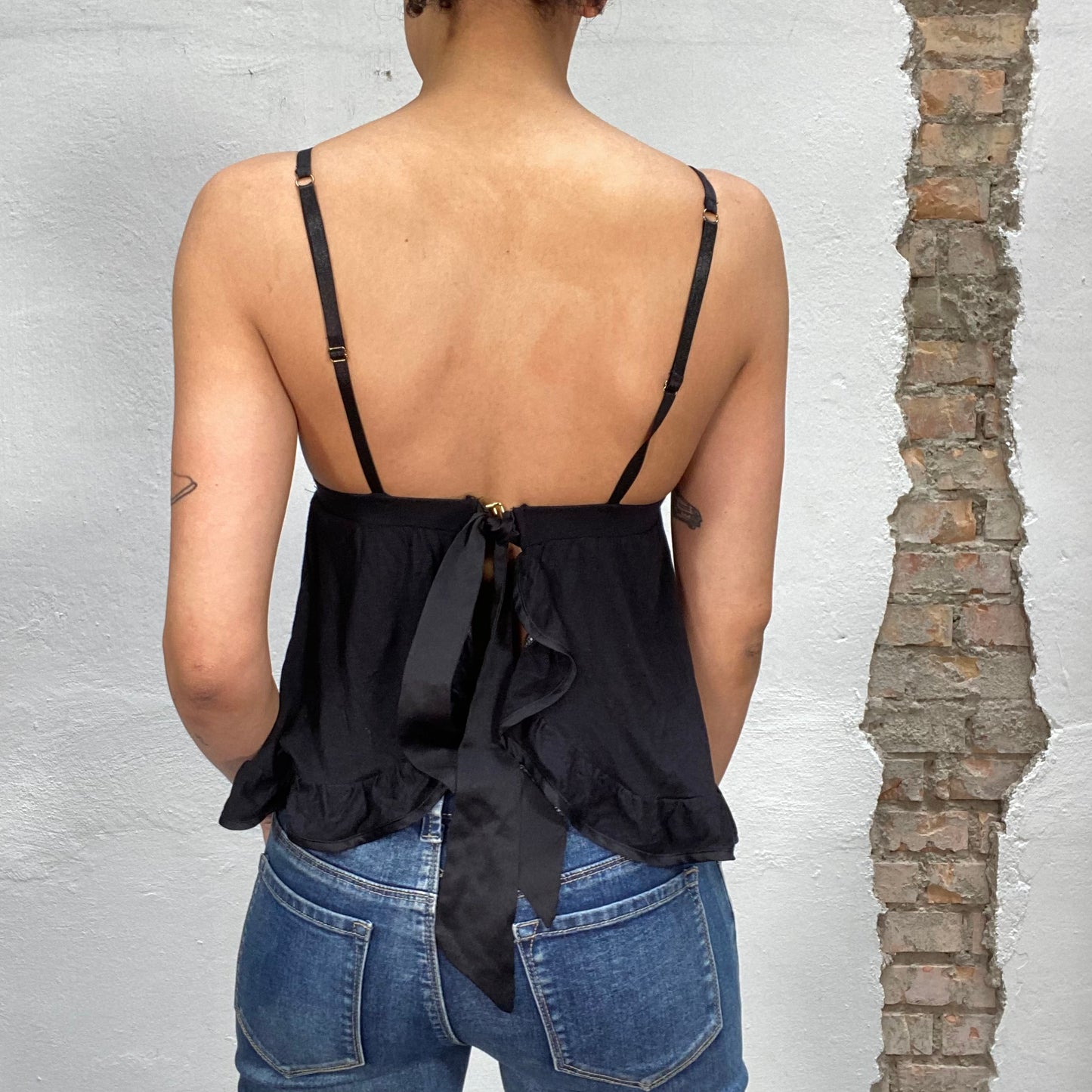 Vintage 2000's Downtown Girl Black Flowy Top with Bow Detail (S)