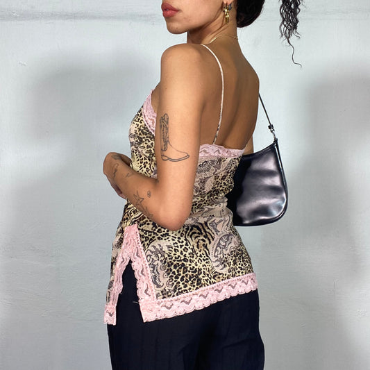 Vintage 2000's Coquette Girl Leopard Cami Top with Pink Lingerie Accents and Side Slit (S)